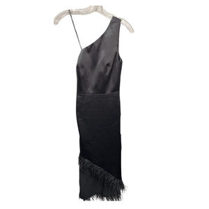 Aidan Black One Shoulder Feather Trim Midi Dress - Size 2